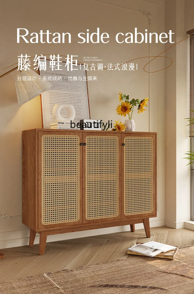 

45Vintage Shoe Cabinet Nordic Solid Wood Home Entrance Cabinet Rattan Home Storage Locker