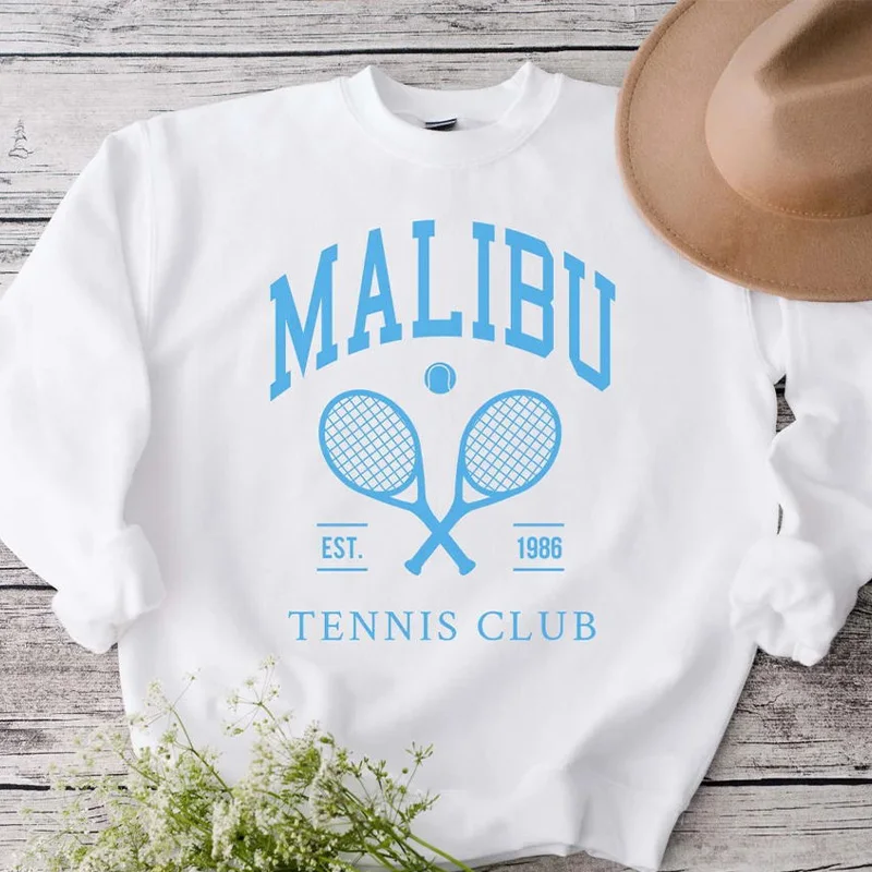 2024 Autumn New Malibu Tennis Club Graphic Printing Women White Sweatshirt Vintage Style Long Sleeve Loose Cotton Thick Pullover