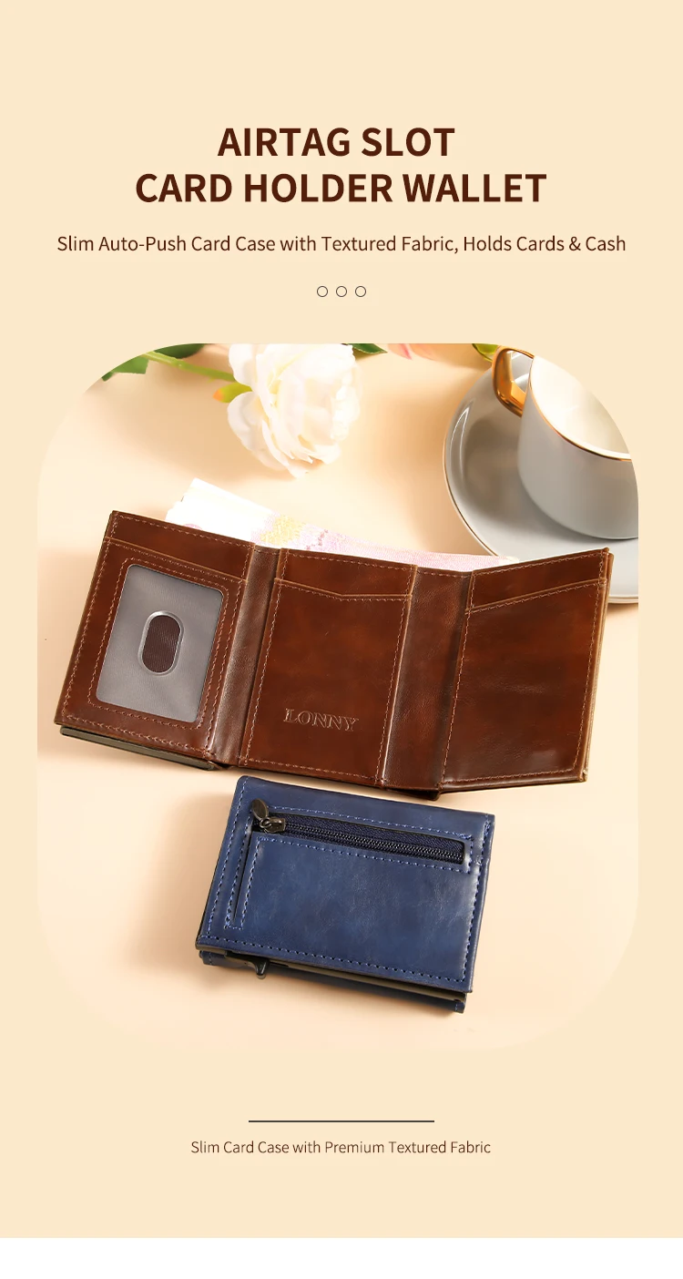 Herren Damen Dreifach-Geldbörse aus PU-Leder mit AirTag-Halterung, Pop-Up-Kartenetui, magnetisch, minimalistisch, retro, schlank, Kreditkartenetui – Detail 9