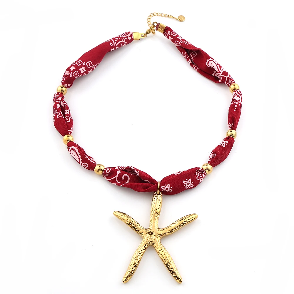 

Bohemia Red Scarf Fabric Summer Sea Starfish Pendant Choker Necklace for Women Stainless Steel Handmade Clavicle Chain Jewelry