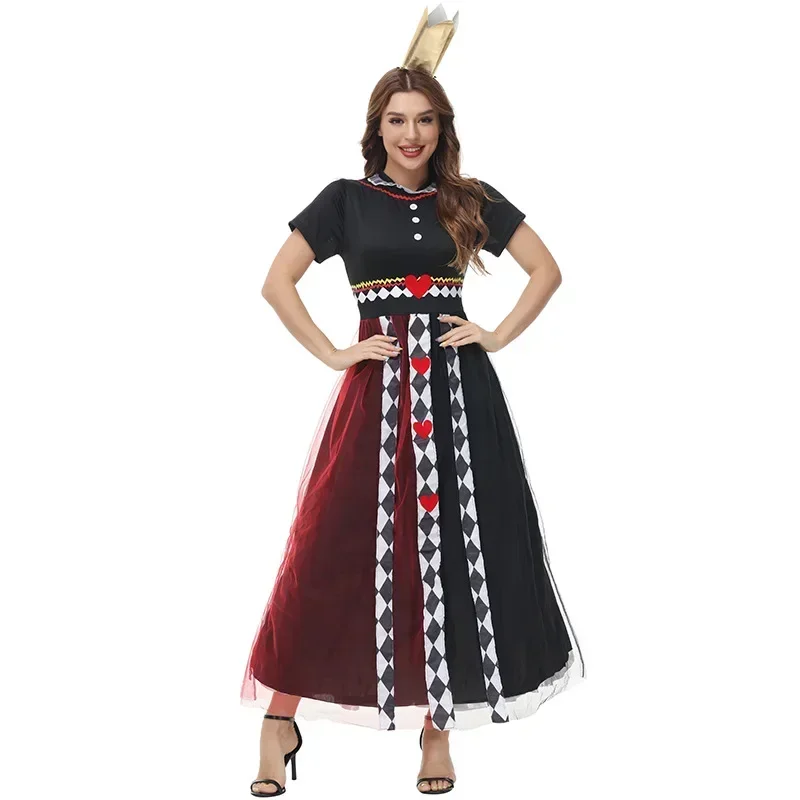 Alice In Wonderland Adult Women Fantasy Queen of Hearts Cosplay Costumes with Crown Poker Queen Girls Kids Halloween Party Dress