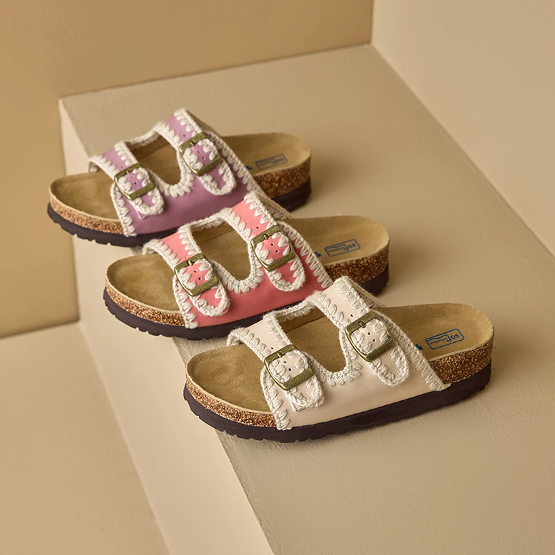 

Handmade Genuine Leather Cowhide Flat Women Slippers,Fashion Metal Buckles Summer Women Sandals, Casual Womens Shoes