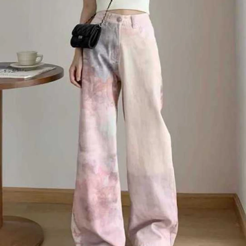 Colorful tie-dye printed jeans for hot girls casual wide-leg floor mopping pants