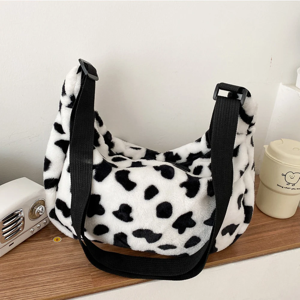 Bolso de hombro de felpa esponjosa de vaca para mujer, bolsos de mensajero, bolso cruzado