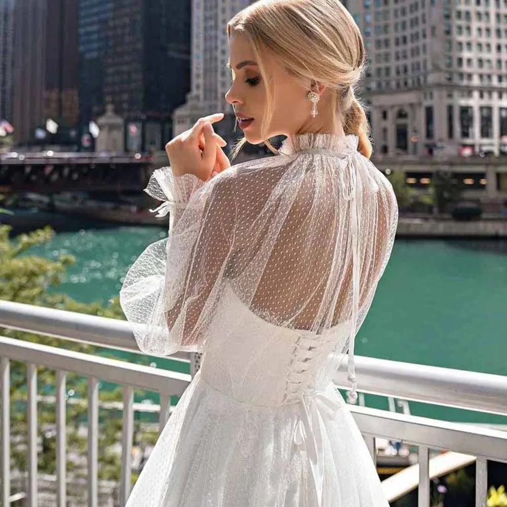 Luxury Bohemian Wedding Dress A-Line High Neck Lace Tulle Beach Bridal Gown Long Sleeves Sweep Train Robe Custom De Mariée