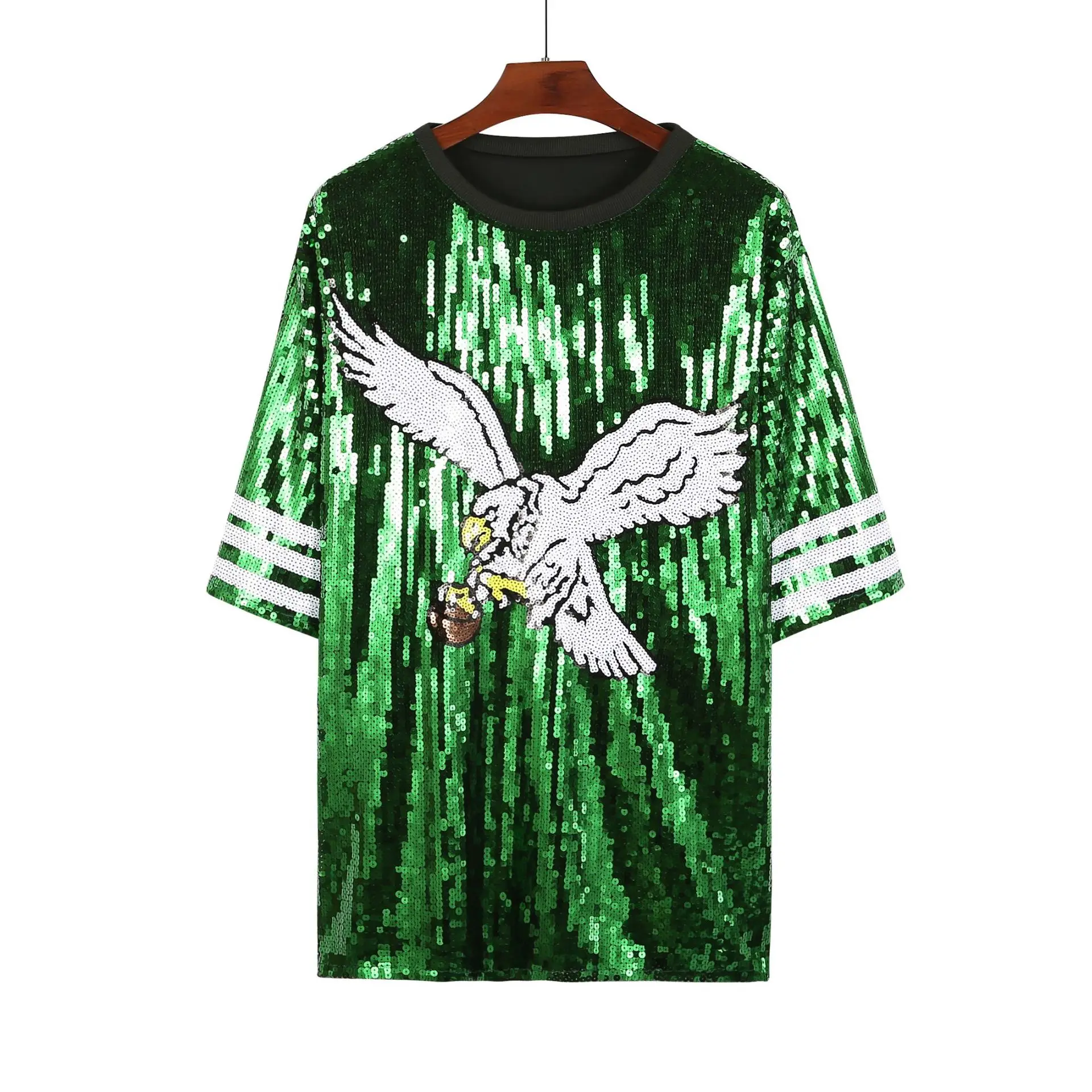 

2026 New Women's Sequined T-shirt Green Color T Shirts Rugby Team Uniform Sequined Ball Medium Long Short Sleeve Plus Size