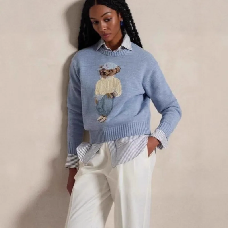 

2025 New Women's Cute Bear Embroidery Knit Sweater Soft Comfortable Round Neck Long Sleeve Pullover Casual Loose Fit for Autumn