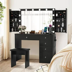 Makeup Vanity Desk with Lighted Mirror & Power Outlet 5 Drawers, Table 3 Lighting , Black Set for Bedroom 39.4''