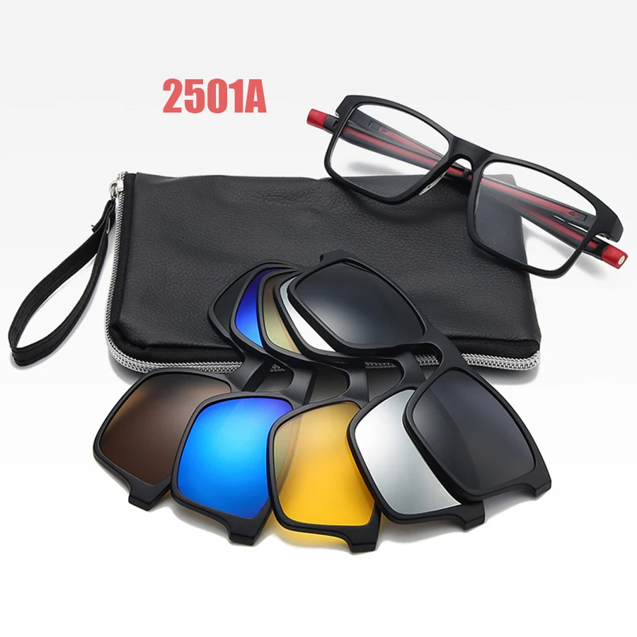 6 In 1 Spectacle Frame Men Women With 5 PCS Clip On Polarized Sunglasses Magnetic Glasses Male Computer Optical 2501