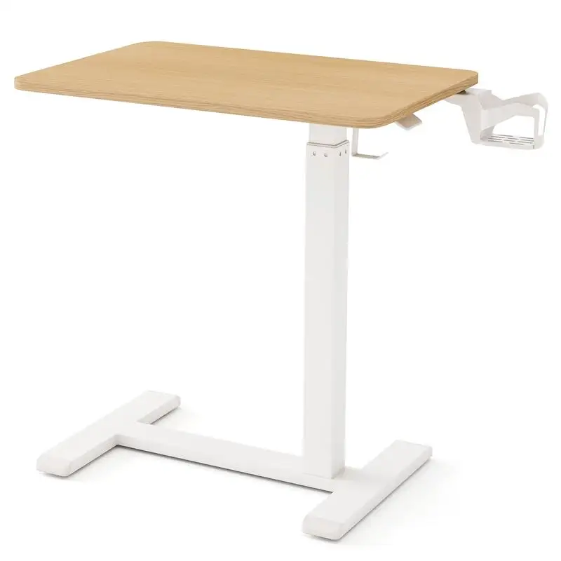 

Mobile Standing Desk Height Adjustable Overbed Bedside Table with Cup Holder-Natural