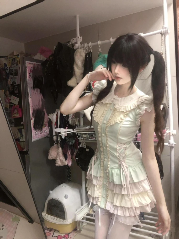 2000年代風 カワイイ ロリータ風 レース スリム ショート丈 パーティードレス Y2K 原宿系 ワンピース 韓国風 夏 ノースリーブ ケーキミニドレス