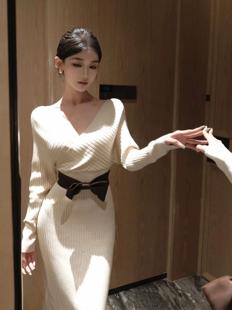 

XZY Cozy Knitted V-ne Long Dr Women's plus Size Faion High Waist Knot Tie Waist Dr Winter Pure Desire