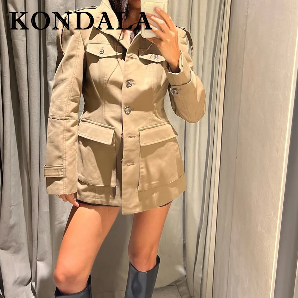 เสื้อโค้ทผู้หญิง KONDALA รุ่น Chic Khaki สไตล์ลำลอง แฟชั่นปี 2025 กระดุมแถวเดียว มีกระเป๋า เสื้อคลุมสไตล์วินเทจ สำหรับฤดูใบไม้ร่วง ทรงตรง สีพื้น