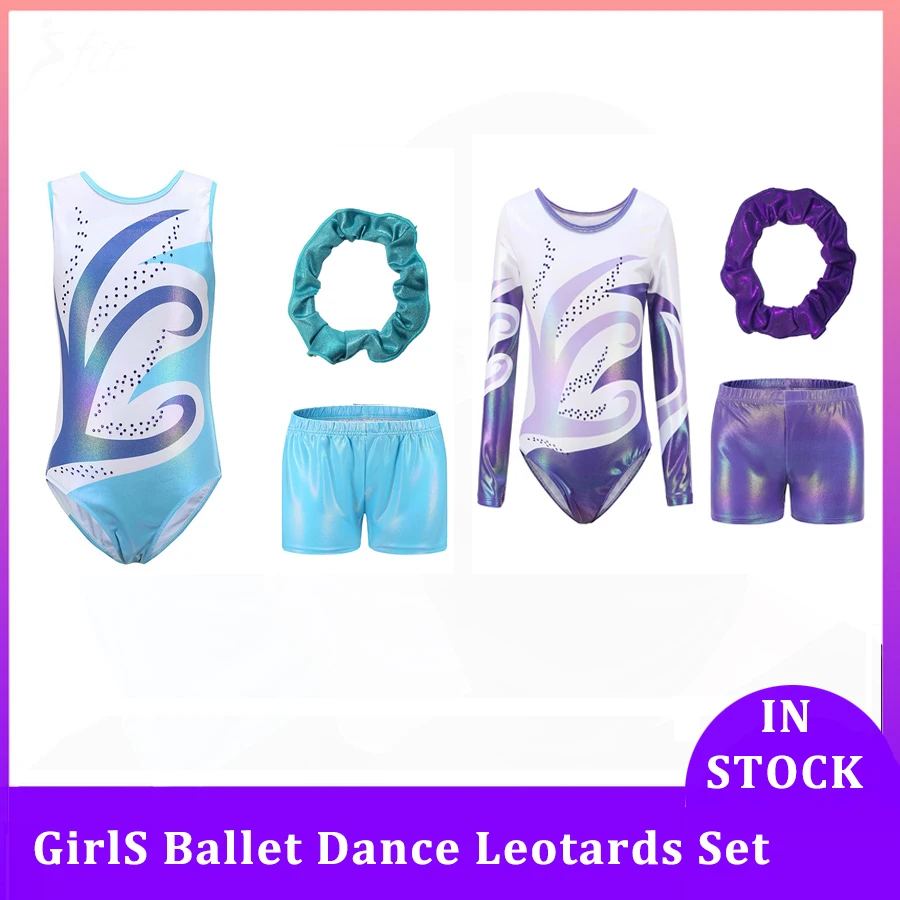 Leotards For Girl 3PCS Ballet Dance Gymnastics Suit Fashion Gradient Gilding Rhinestone Inlay Bodysuit With Shorts And Headband