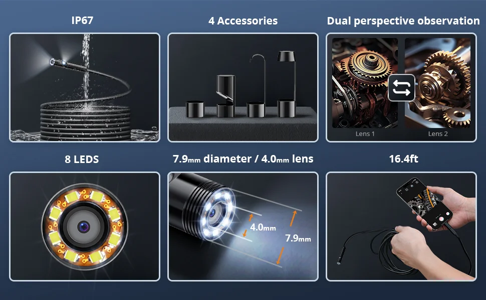 1920P HD Endoscope Camera with Semi-Rigid Snake Borescope, 8 Adjustable LED Lights, IP67 Waterproof Inspection for iOS & Android