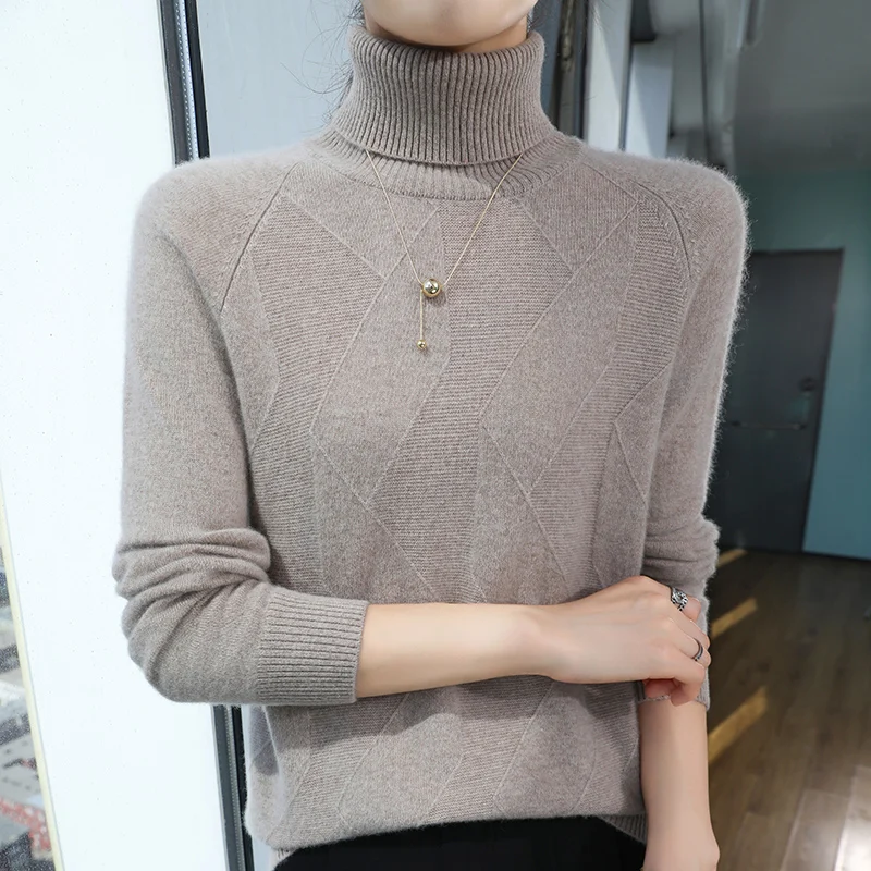 Diamond-striped 100% Merino wool spring and fall new cashmere sweater Women's lapel pullover warm bottom knit shirt top