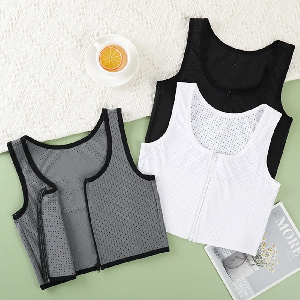 Fashion Breathable Zipper Chest Clip Elastic Mesh Fitting Corset Vest Flat Chest Slim Sports Bra Women