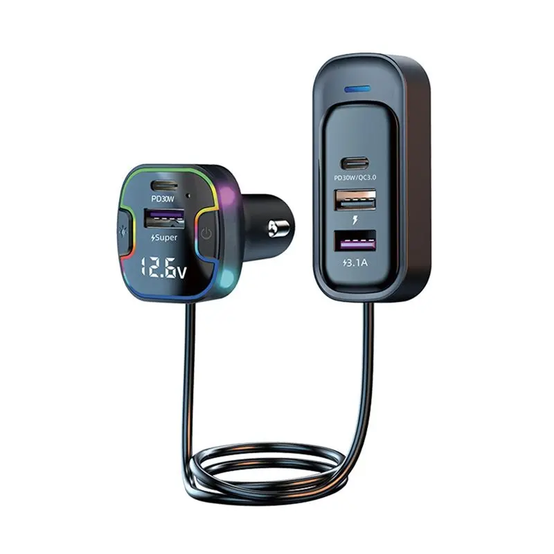 AU65-5-Port USB Car With Digital Display - Fast Charging Car Adapter For Multiple Devices, QC3.0 & PD Compatible