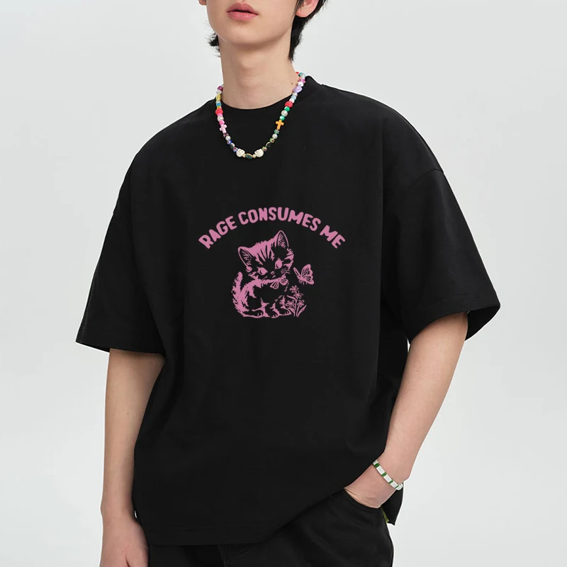 

Rage Consumes Me Cute Kawaii Cat Graphics printed short sleeve T-shirts Men Women Vintage Casual Round Neck Tops Cotton clothing