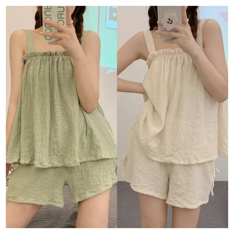 

Women Summer Two Pieces Short Pajamas Suspenders Thin Sweet Cute Cotton Gilrs Homewear With Sleeveless Loose Soft Home Clothing