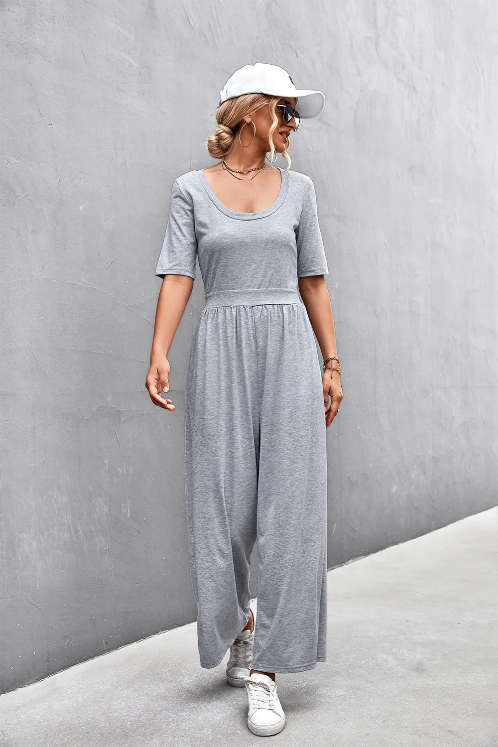 

Jumpsuit Women Summer U-neck Short Sleeved Casual Plain Daily Loose Wide Leg Long Jumpsuit Streetwear 2023 New Fashion