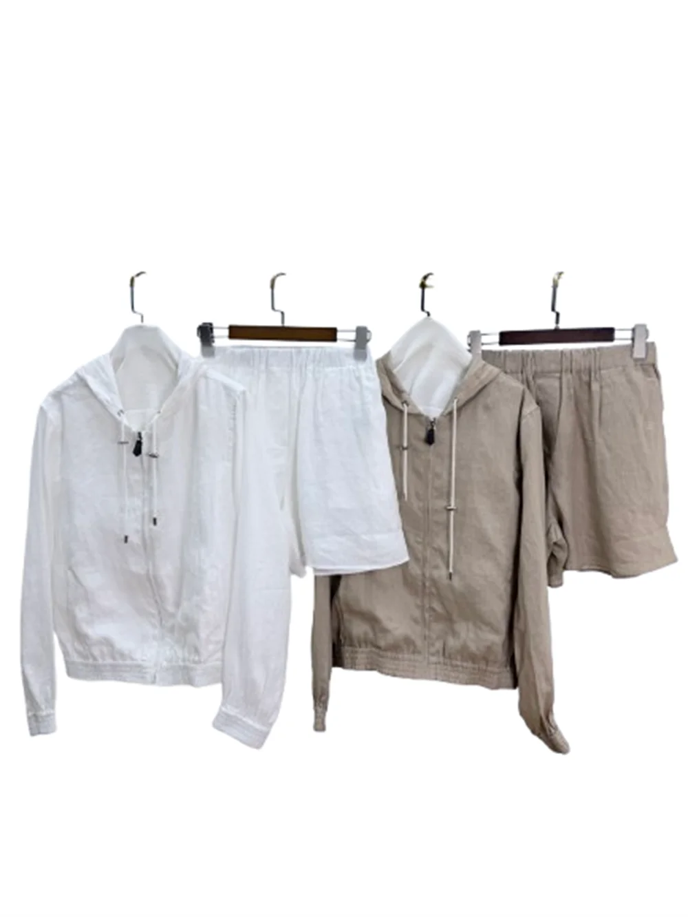 Conjunto de Ropa para Mujer, 100% Lino, Chaqueta Cárdigan con Capucha y Pantalones Cortos con Cintura Elástica, 2 Piezas