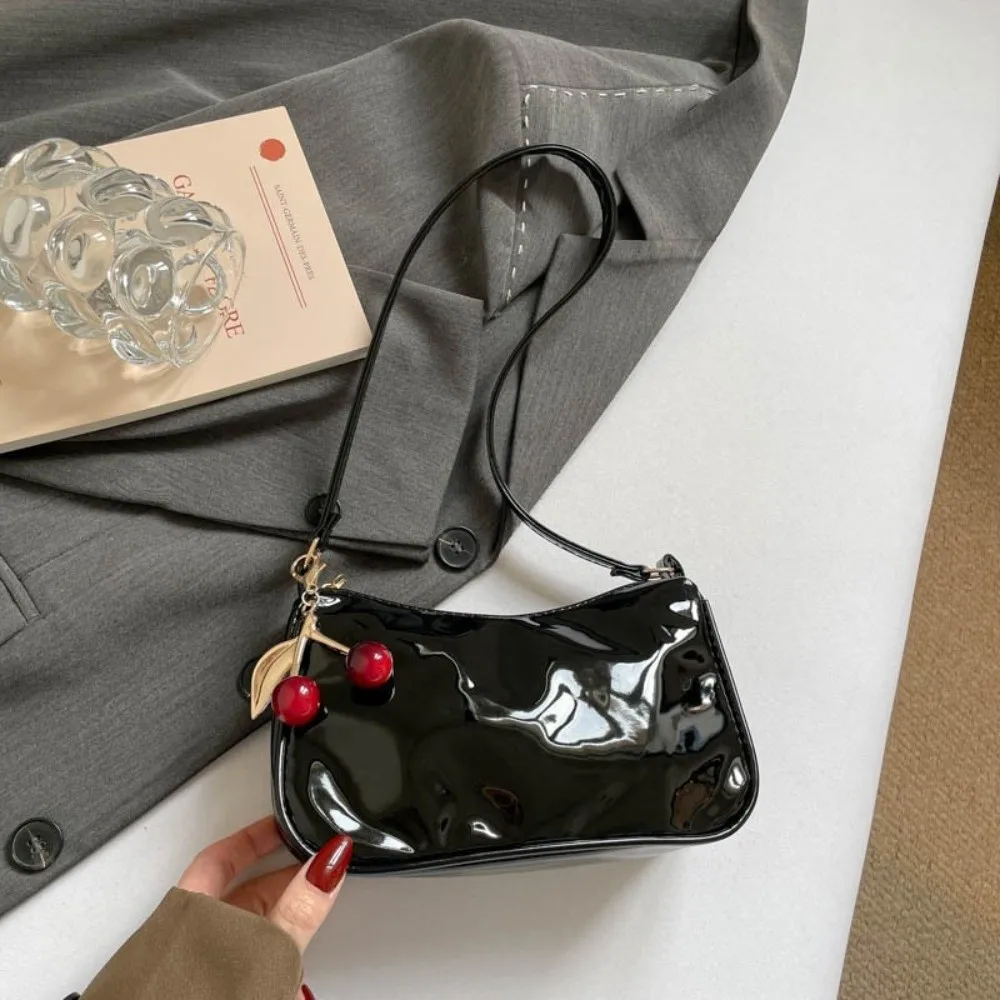 Casual Solid Color Women Shoulder Bag PU Leather Korean Style Crossbody Bag Handbag With Cherry Pendant Underarm Purse Shopping