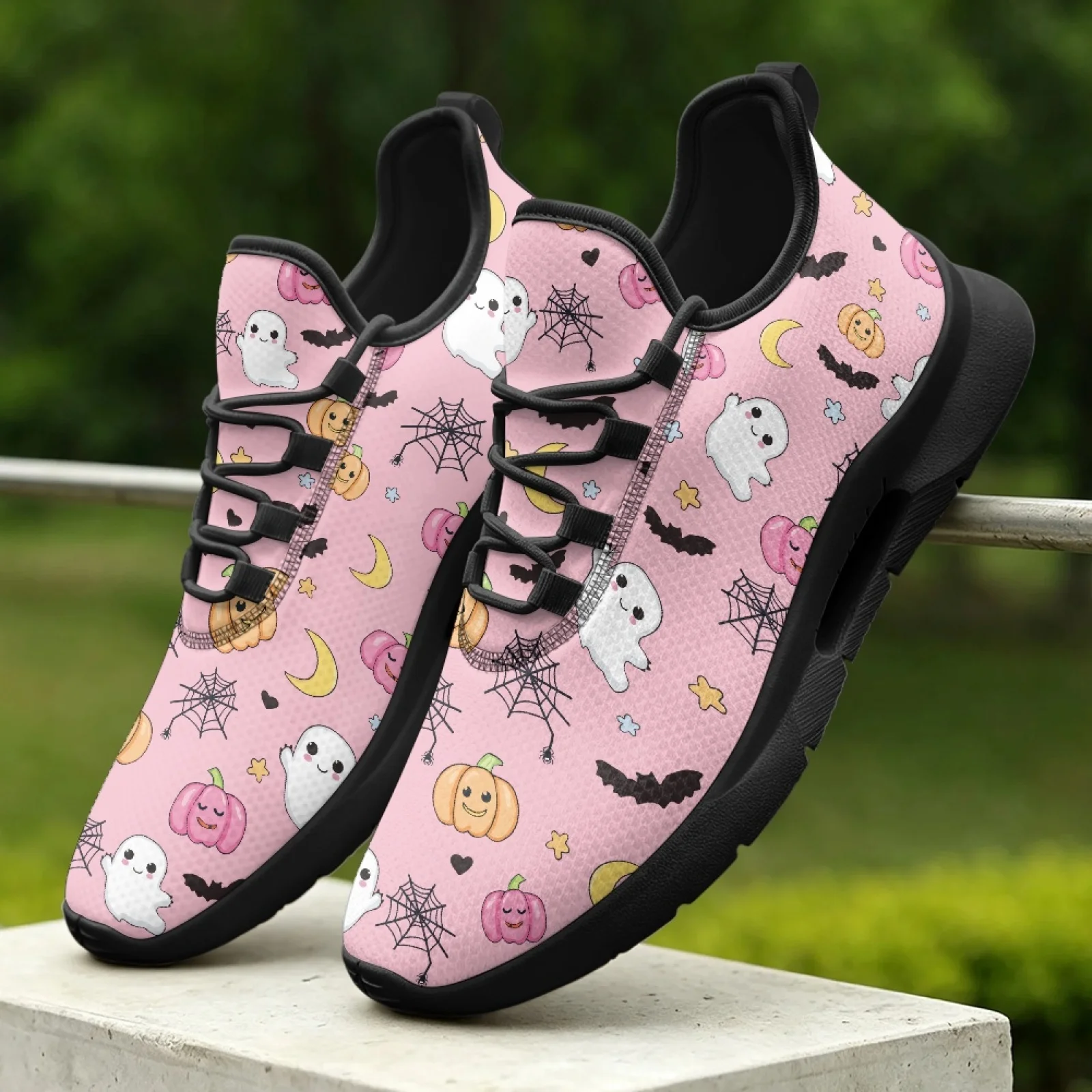 PENSTROLL Pumpkin Ghost Print Low-Top Lace-Up Shoes Flat Lace-Up Shoes for Men, Casual Lightweight Tennis Sneakers