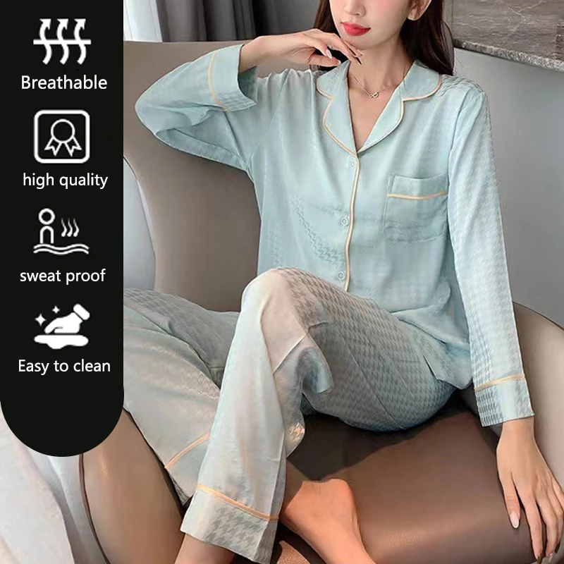 Fall Winter Casual Plaid Nightwear Women Patterned Silk Sleepwear Long-Sleeved Loose Home Wear Large Size Sleepwear 2PCS/Set