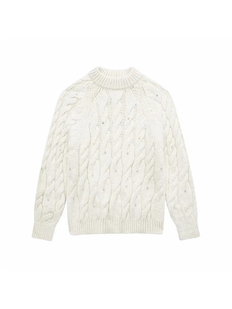 

Women New Fashion Slouchy Simple Solid Color Knit Twist Rope Pullover Casual Round Neck Long Sleeve Loose Commuter Sweater