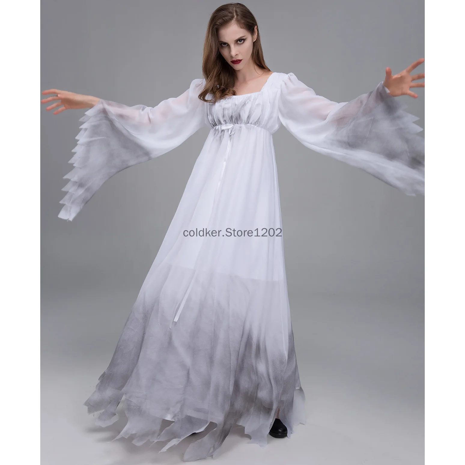 Adult Women Gossamer Ghost Bride Costume Dress White Gothic Victorial Scary Spooky Zombie Halloween Cosplay Dress Up