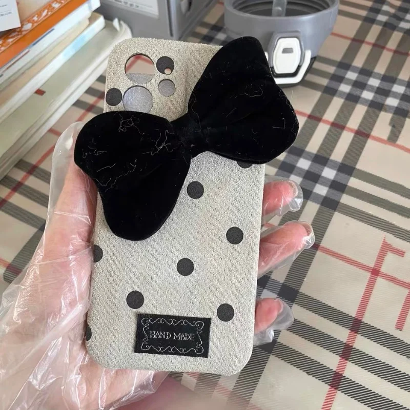 

Винтажный бархатный чехол INS с бантом в горошек, подходит для iPhone 16 Pro Max, чехол для телефона 15, 14, 12, 13, 11, задняя крышка с защитой от падения