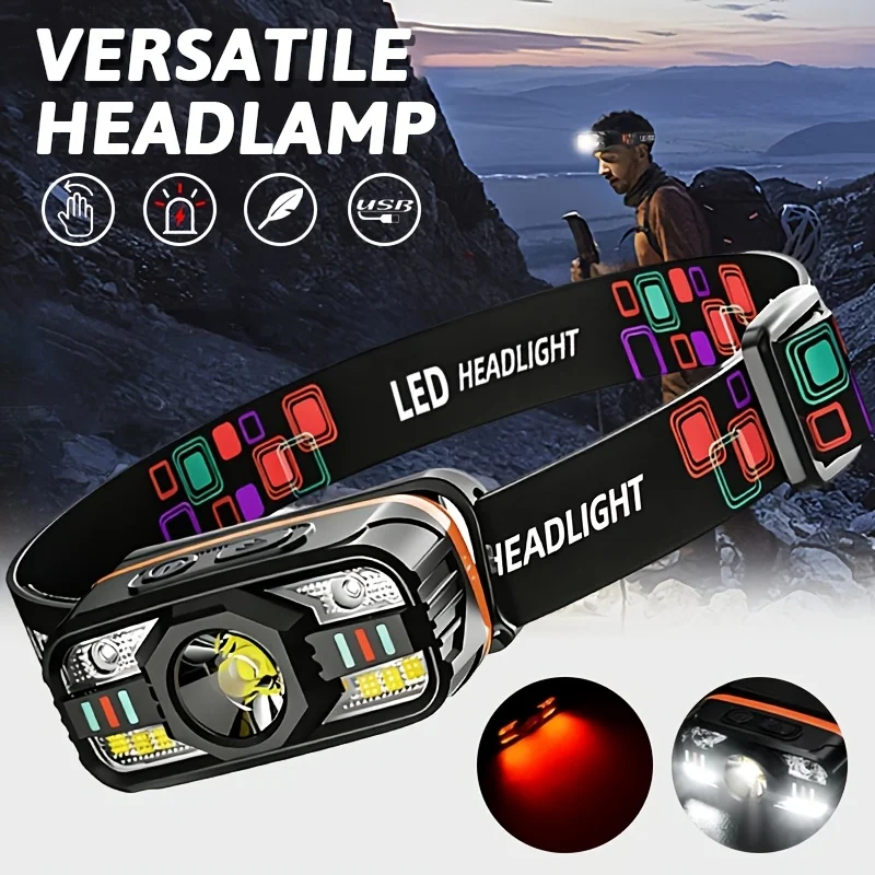 Wiederaufladbare Stirnlampe mit Bewegungssensor, superhelle LED mit rotem Licht, IPX4 wasserdicht, 2000 lm, für Outdoor-Angeln, Camping, Stirnlampe