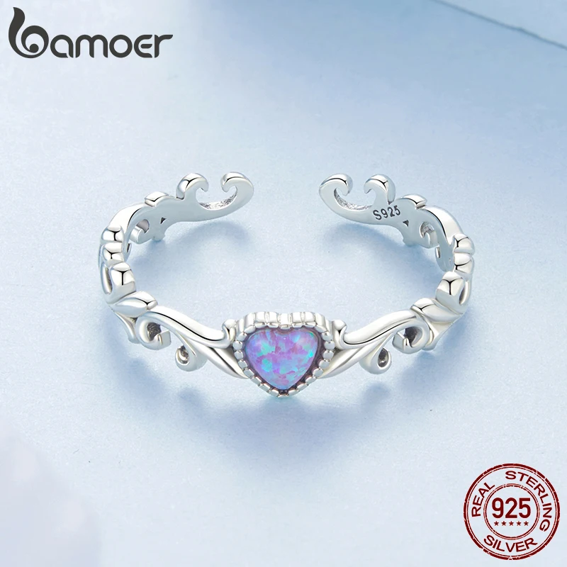 Bamoer Original 925 Sterling Silver Opal Retro Pattern Ring Purple Heart Oxidized For Women Wedding Engagement Fine Jewelry