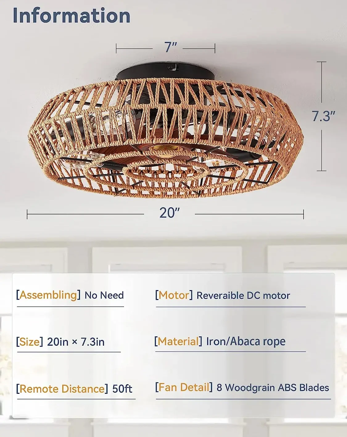 Imagem -06 - Rattan Enjaulado Ventiladores de Teto com Luzes e Controle Remoto Montagem Nivelada Quinta Quarto Cozinha