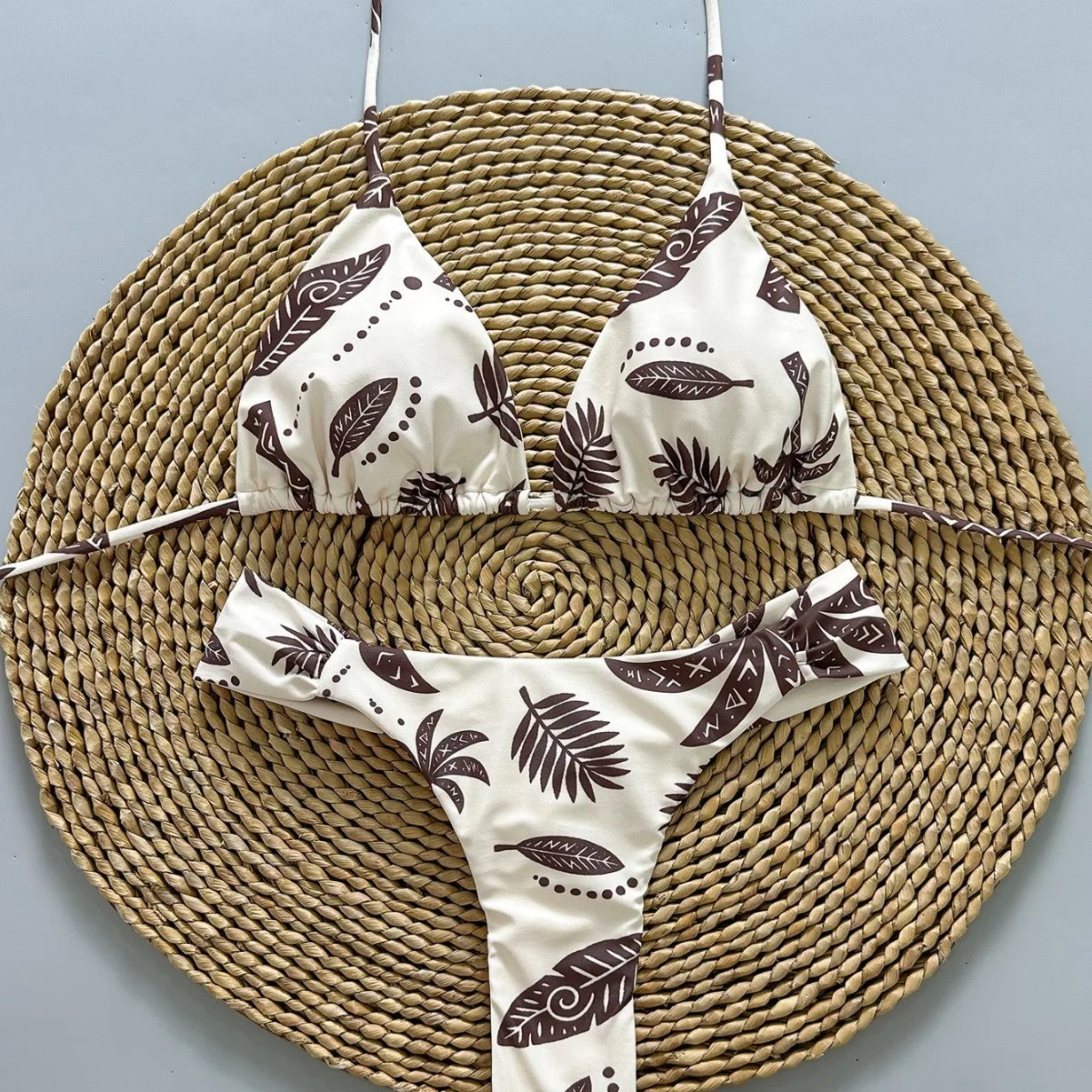 

Women Tropical Leaf Print Triangle Bikini Set Halter Tie Side Swimsuit Beachwear