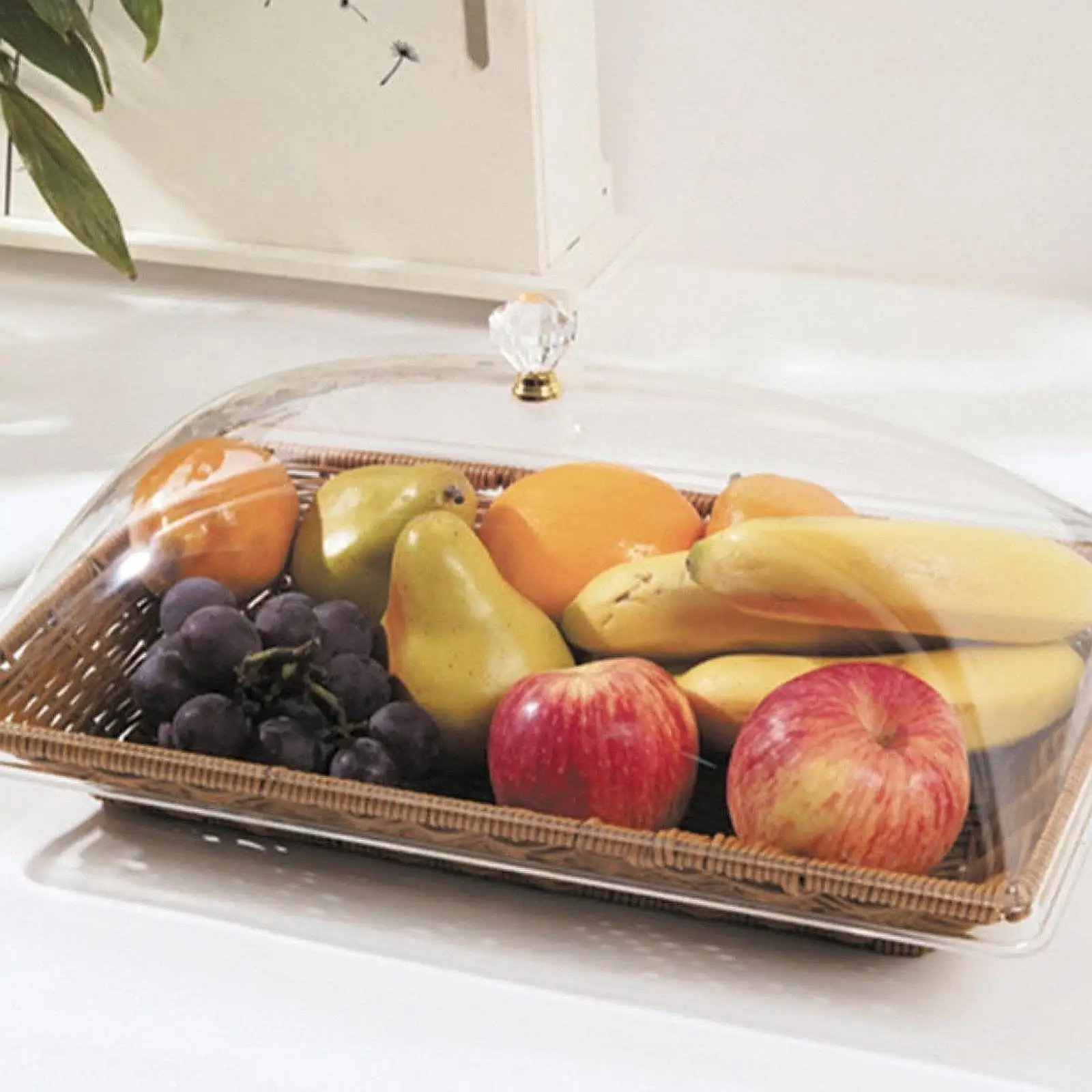 Imitation Rattan Woven Bread Basket with Acrylic Lid Foods Display Clear Lid Fruit Baskets for Kitchen Outdoor Vegetables