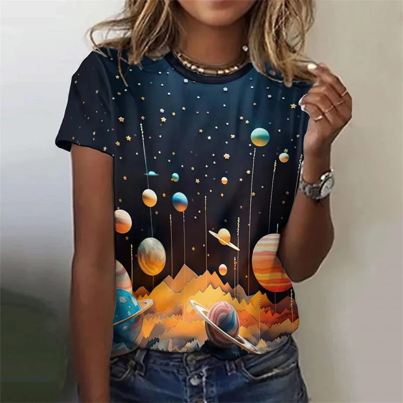T-shirt colorata con motivo pianeta per donna Astronauta Razzo Stampa 3D T-shirt Moda estiva Street Tees Maniche corte O-Collo Top