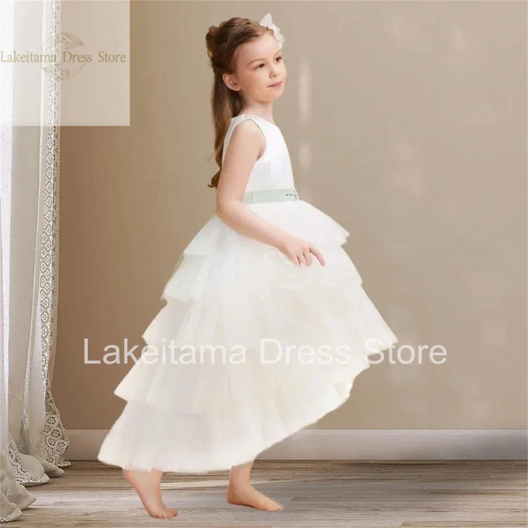 White Flower Girl Dress Sleeveless Kids Birthday Party Beauty Pageant First Communion Elegant Dress Suitable For 1-14 Years