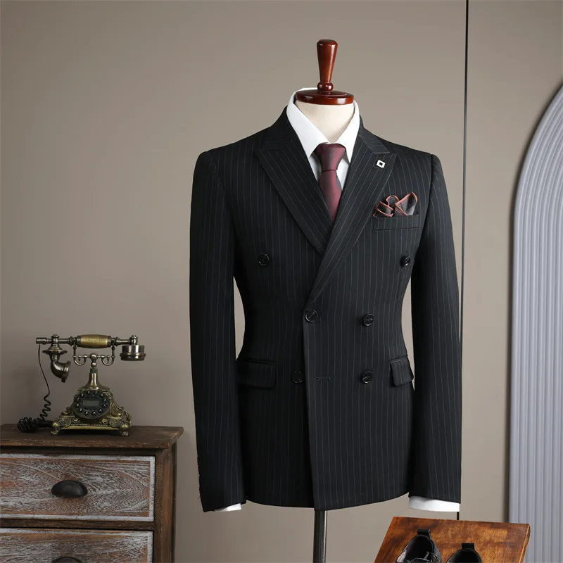 Wl002 High-End Double-Breasted Stripedsuit Heren Pak Casual Bruidegom Trouwjurk