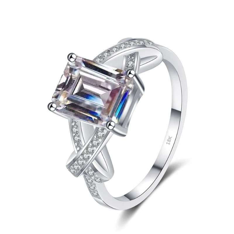 Clássico 18k ouro branco 3ct corte esmeralda moissanite anéis de diamante para mulheres espumante aliança de casamento jóias finas presente de noivado