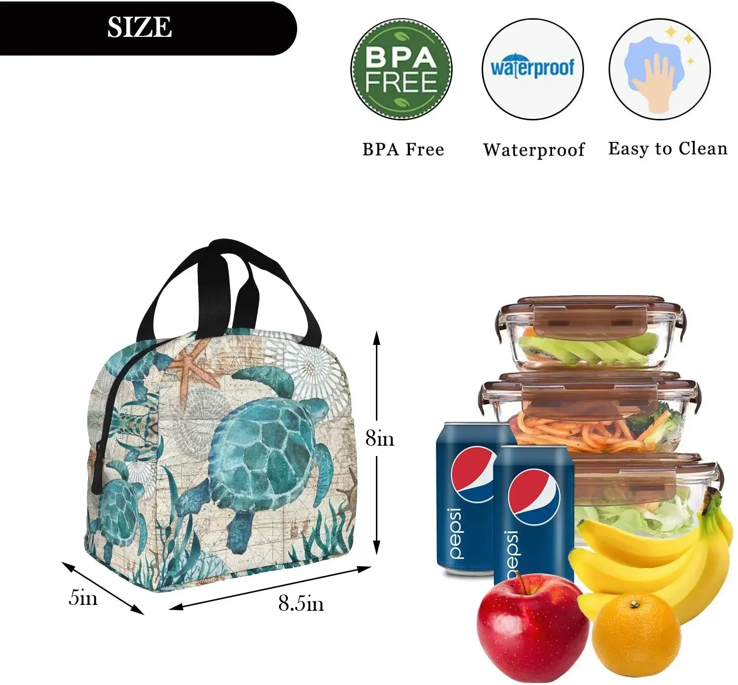 Sea Turtle Lunch Bags for Women Men Insulated Lunch Box Tote Bag with Front Pocket for Office School Picnic Thermal Bento Bag