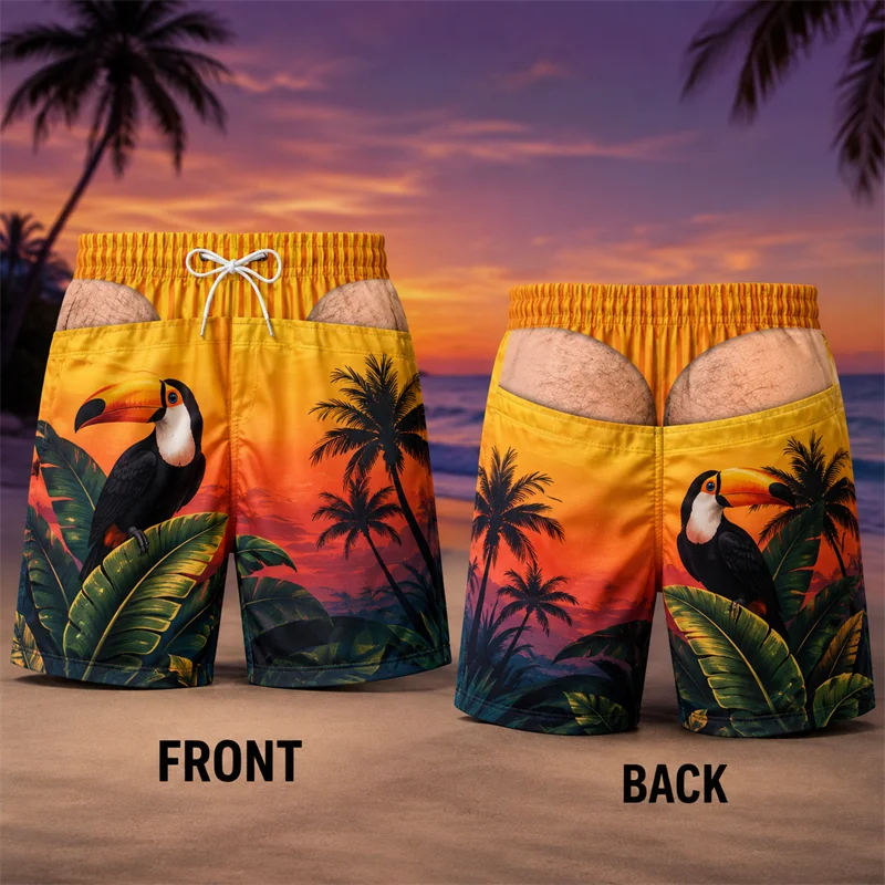 Summer 2026 Funny Fake Buttocks Board Shorts for Men Tropical Beach Swim Trunks Novelty Party Shorts Fun Gift for Him