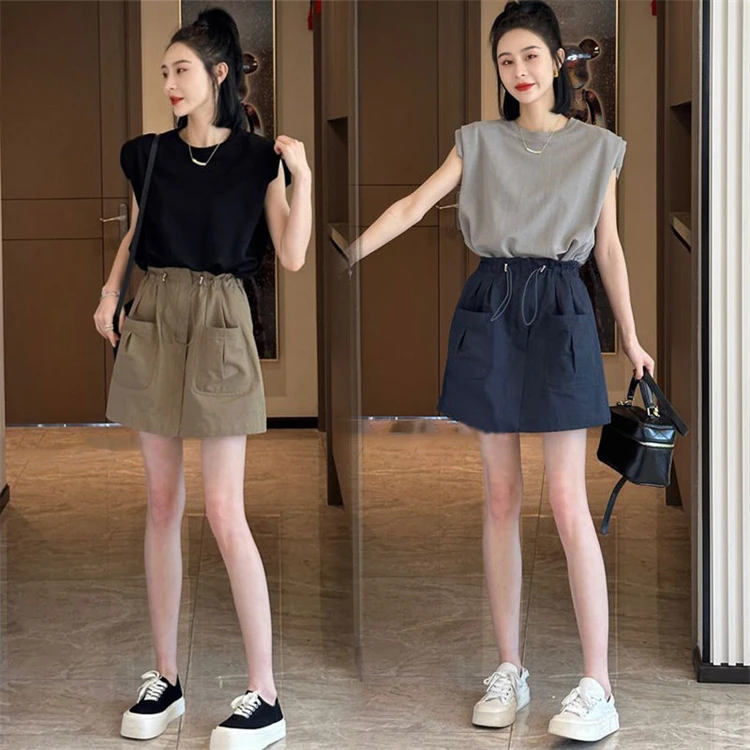 

2024 Women Summer Fashion 2 Piece Sets Female O-neck Sleeveless Tank Tops + Drawstring Loose Skirts Ladies Casual Suits Z159