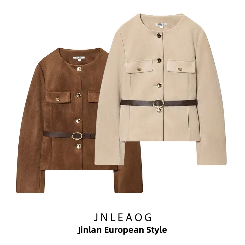 

Faionable Velvet Texture Suit Jaet with Belt Design Women's Autumn New Arrival JNLEAOG Long Sve Busin Wear