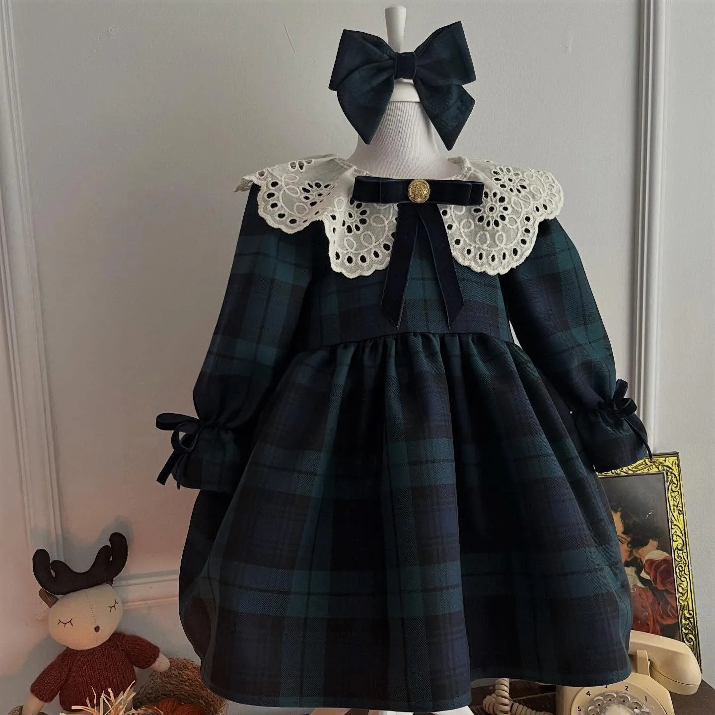 Autumn Girl Sweet Retro Blue Green Plaid Bow  Puffy Dress For Casual Party Birthday Wedding Photography