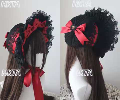 Y2k Cos Gothic Style Bonnet Hat Handmade Gorgeous Lolita Anime Lace Bow Flat Hats Exhibition Cosplay Show Lace Ribbon BNT Hat