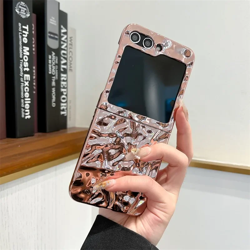 Plating Tin Foil Wrinkle Case for Samsung Galaxy Z Flip 6 5 4 3 flip6 ZFlip Water Ripple Solid Color Ultra Slim Shockproof Cover