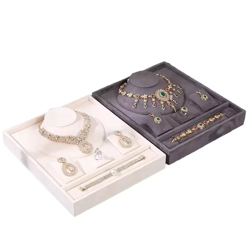 Luxury Unique Cream Gray Velvet Jewelry Presentation Tray Stackable Ring Earrings Necklace Bracelet Jewelry Storage Display Tray
