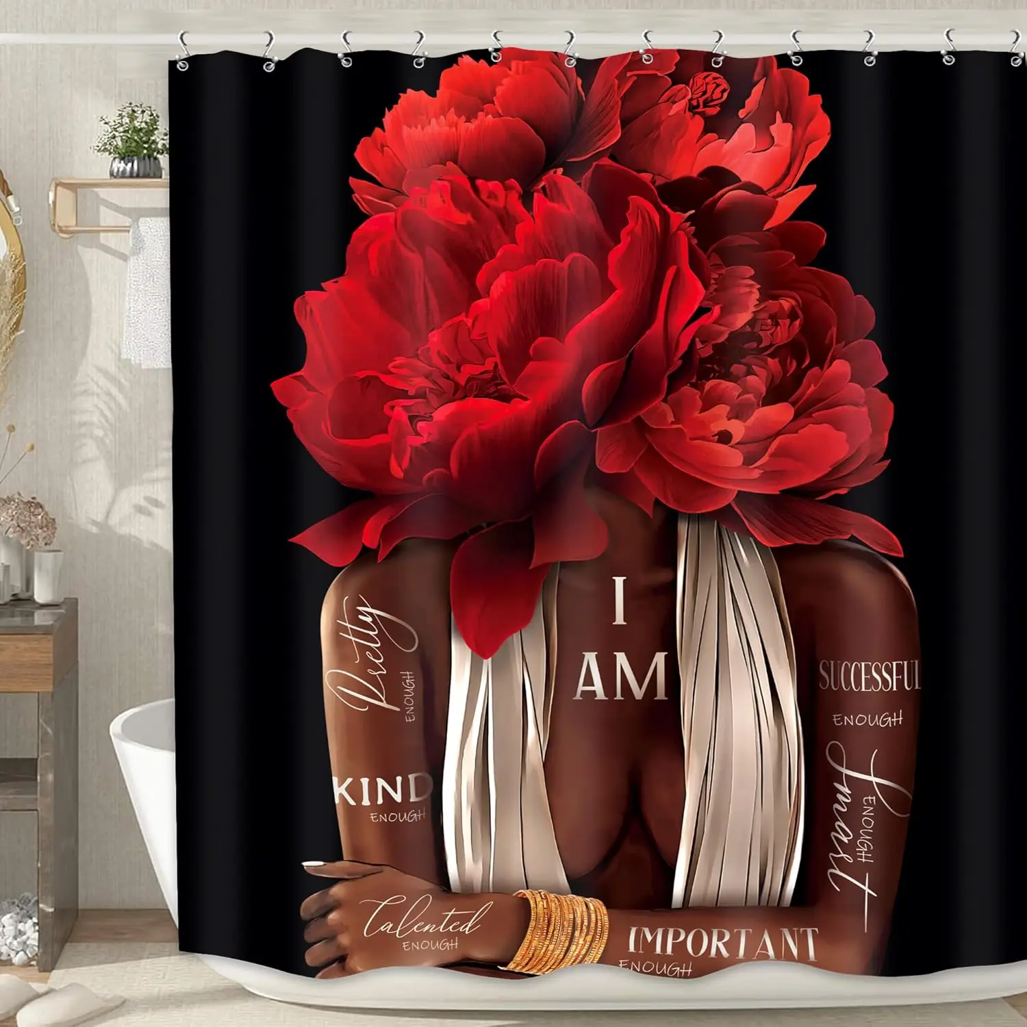 

Red Black Girl Shower Curtain African American Burgundy Rose Peony Floral Woman Positive Quote Vintage Afro Lady Decor